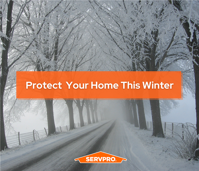 winter weather in arlington texas, snowing backroad, treelined, orange box and white text "protect your home," SERVPRO logo