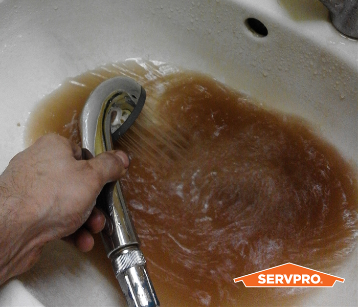 sink full of brown water, man's arm on left holding hose into sink, orange servpro logo, sink is white